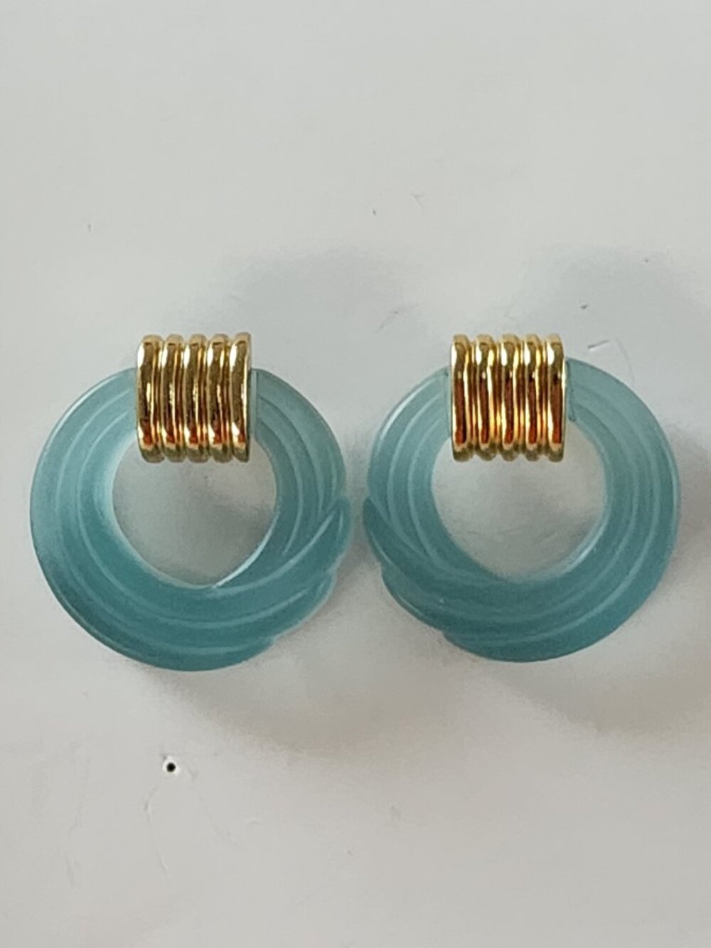 Vintage Aqua Blue Swirl Hoop Stud Earrings Gold Tone Retro Statement